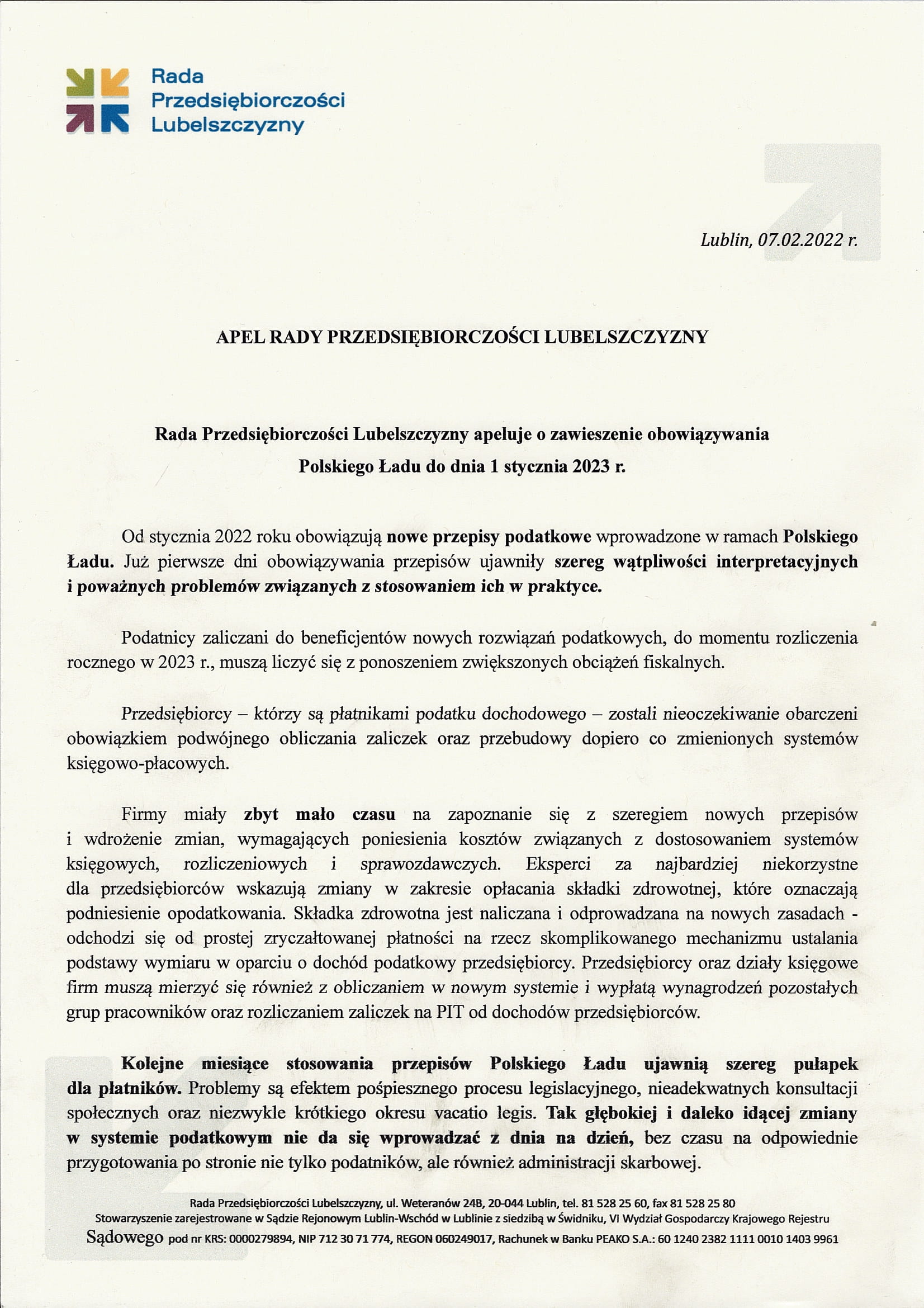 Apel RPL o zawieszenie obowiązywania Polskiego Ładu do dnia 1 stycznia 2023 r 1 1